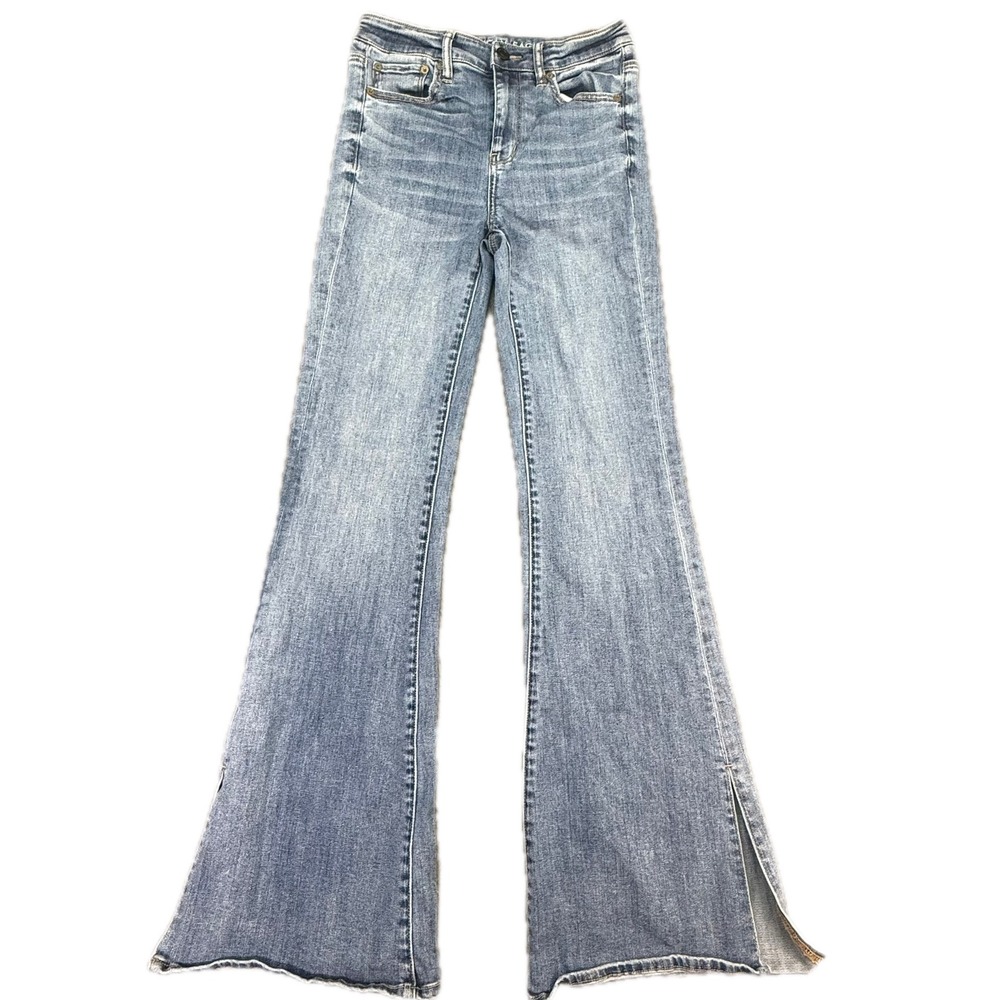 American Eagle Jeans Womens 4 Long Blue Super Hi-Rise Flare Stretch Slit Hem